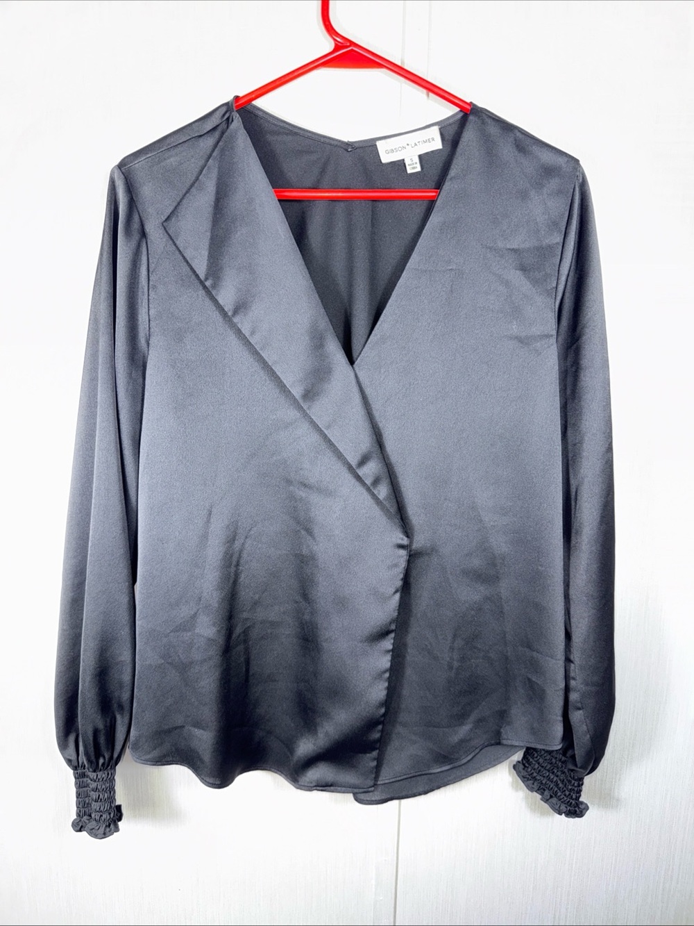 Gibson Latimer Charcoal Satin Wrap Blouse